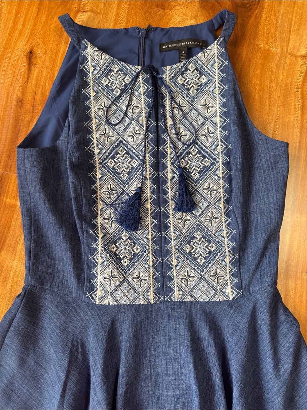 White House Black Market Navy Blue Embroidered Tie-Front Dress - Picture 2 of 6